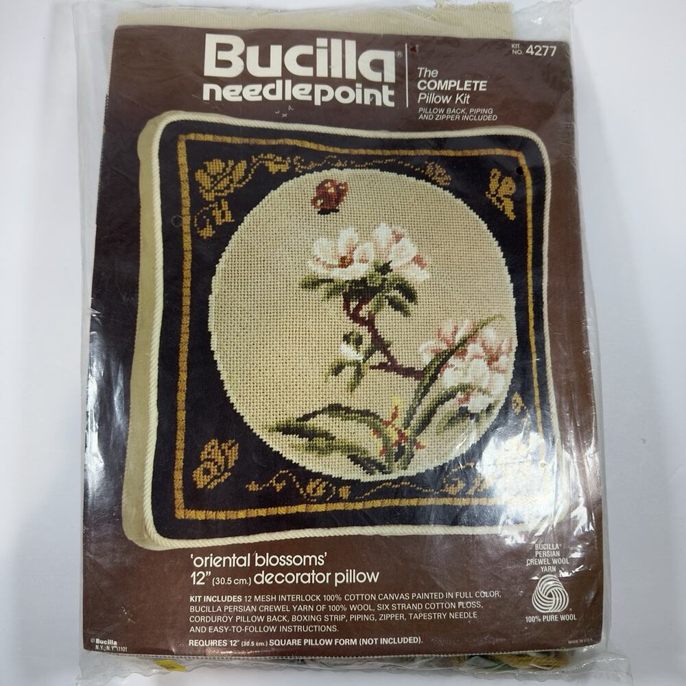 Vtg Bucilla Needlepoint Pillow Kit 4277 "Oriental Blossoms" Opened Package